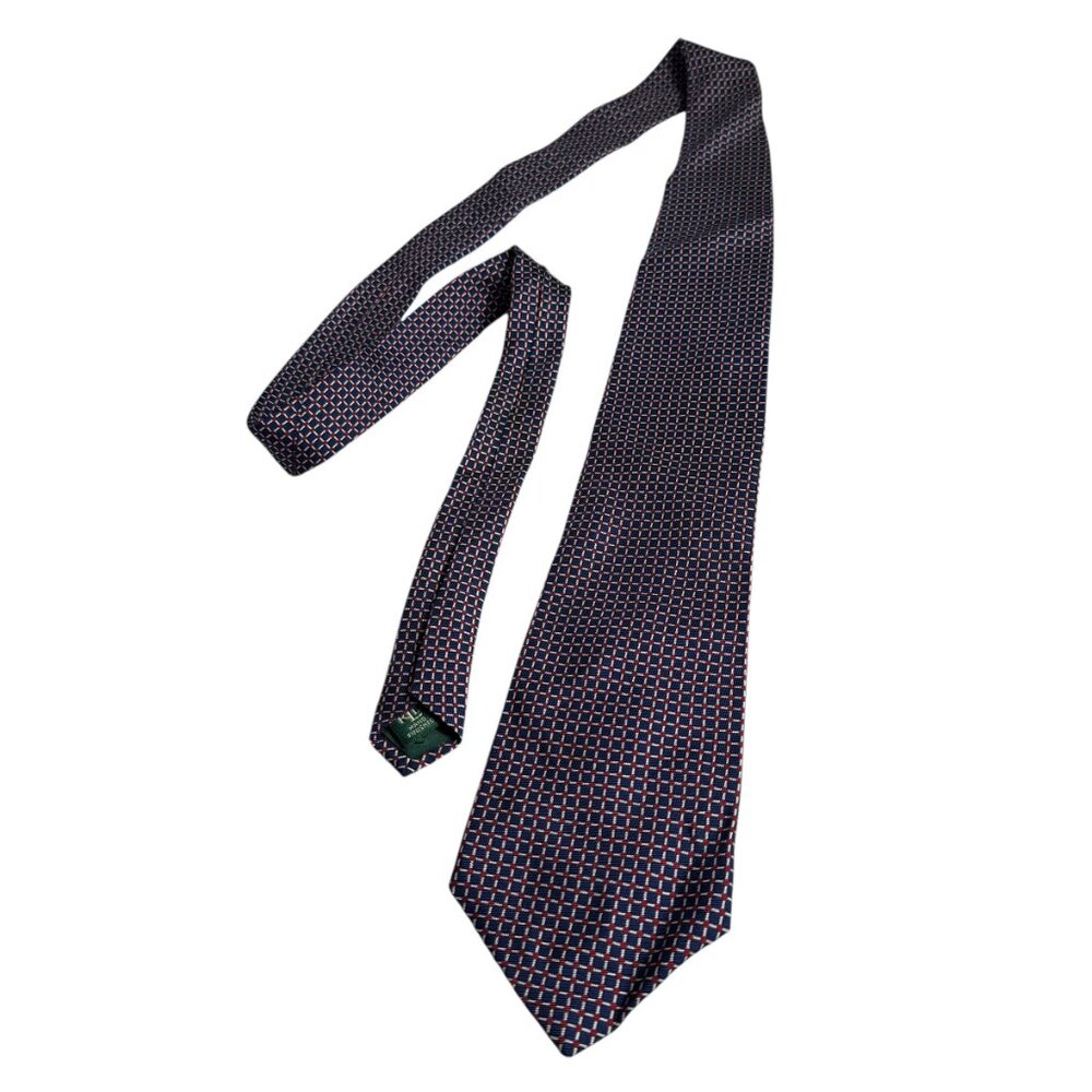 Lauren Ralph Lauren 100% Silk Tie • Hand Finished • Navy Geometric Pattern